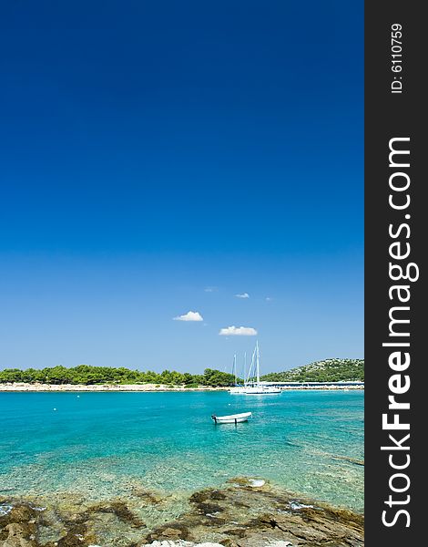 Sail boats docked in beautiful bay, Adriatic sea, Croatia