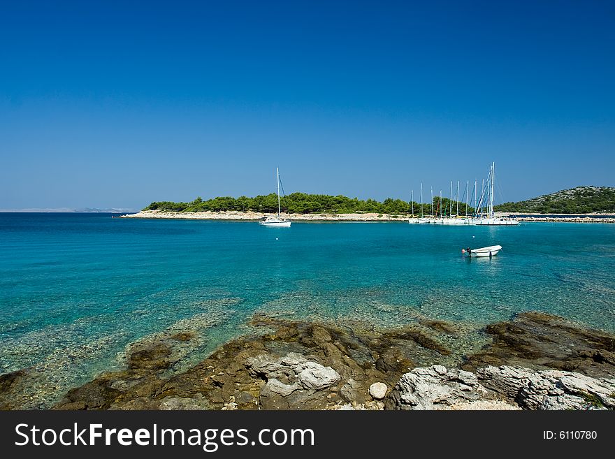 Sail Boats Docked In Beautiful Bay, Adriatic Sea,