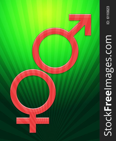 Computer generated feminine and male symbols over rising background. Computer generated feminine and male symbols over rising background