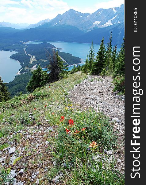 Summit view of upper kananaskis lake from mountain indefatigable, kananaskis, alberta, canada. Summit view of upper kananaskis lake from mountain indefatigable, kananaskis, alberta, canada