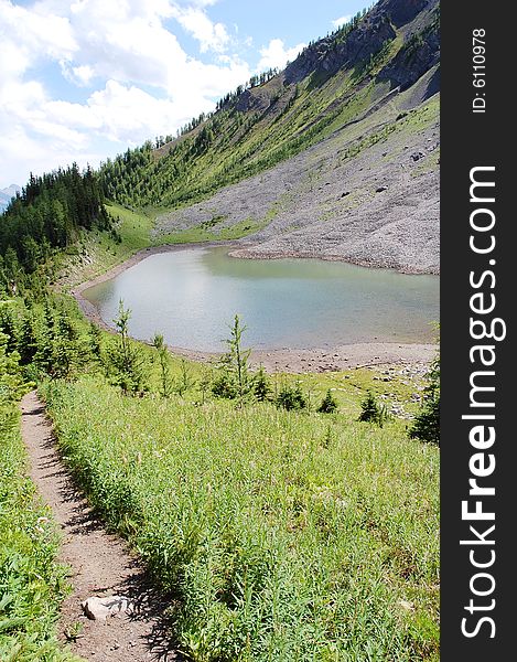 Alpine lake on mountains indefatigable, kananaskis country, alberta, canada