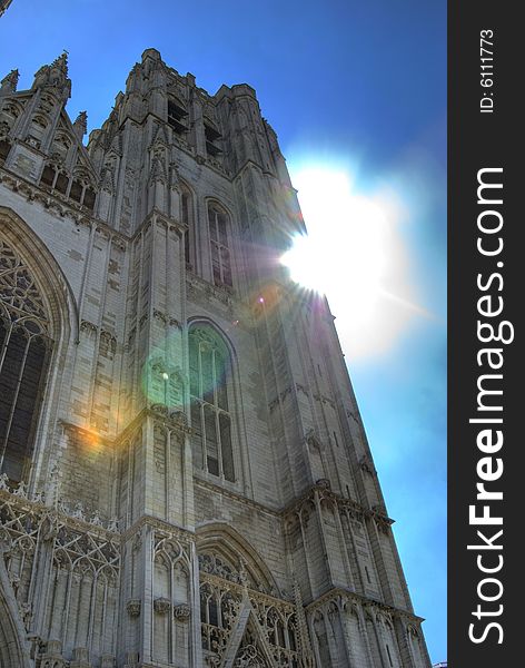 Cathedral history travel lens effect sun light sky architecture monument ancient building religion religious gothic curch tample trip tourism tourist Bruselles Europe Belgium