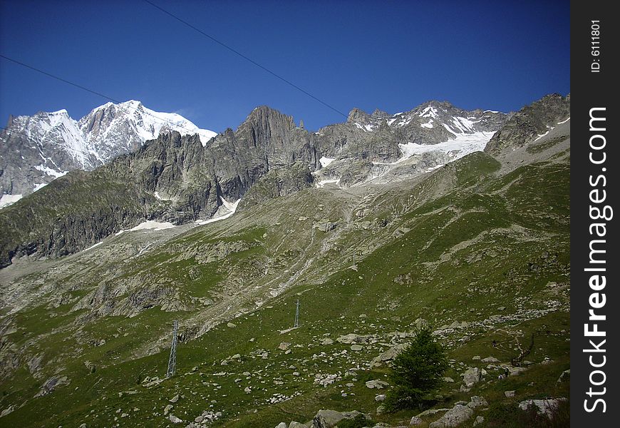 View of Mont Blanc from Pavillon Station, on the Italian side. View of Mont Blanc from Pavillon Station, on the Italian side
