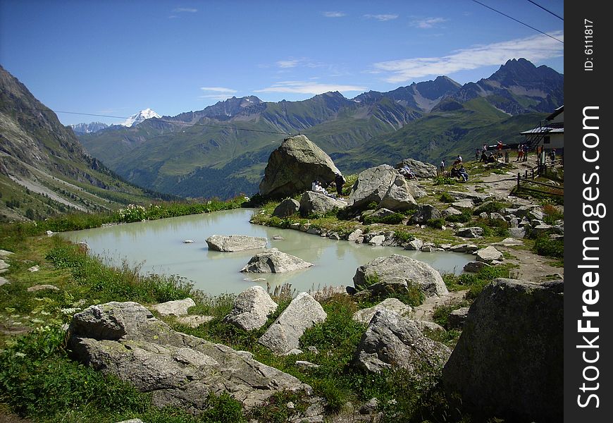 Small lake on the Italian side of Mont Blanc, near the Pavillon station. Small lake on the Italian side of Mont Blanc, near the Pavillon station