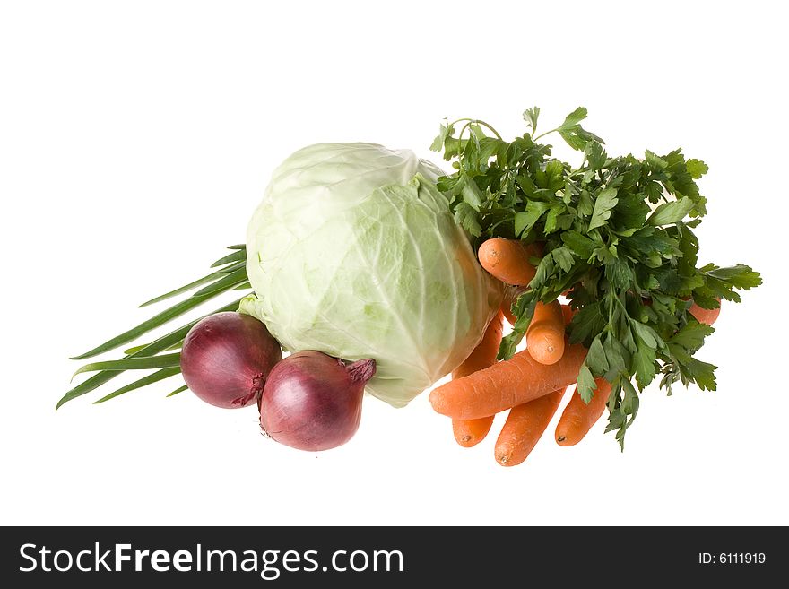 Fresh rav vegetables on a white background. Fresh rav vegetables on a white background