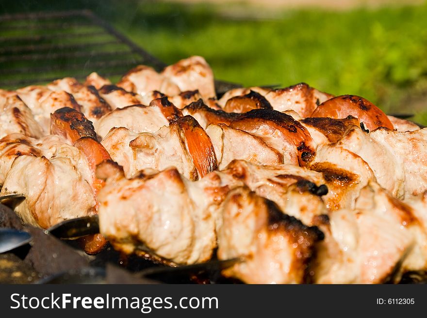 Shish kebab preparation on a brazier. Outdoor picnic. Close up.