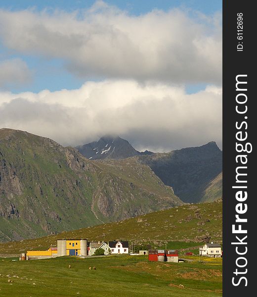 Farms of Uttakleiv's village, Lofoten islands. Farms of Uttakleiv's village, Lofoten islands