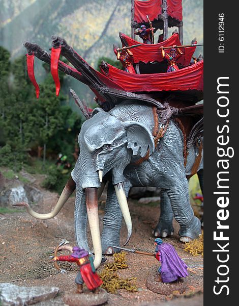 Toy kit of fantasy warriors and giant battle elephant