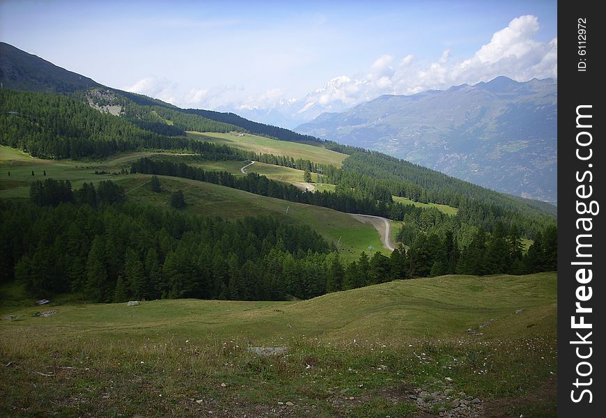 Trekking path from Pila (Aosta) to Chamole Lake in Valle d'Aosta, Italy, Europe. Trekking path from Pila (Aosta) to Chamole Lake in Valle d'Aosta, Italy, Europe