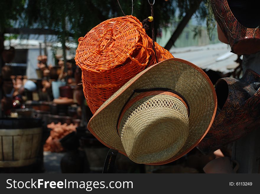 Traditional hand made wicker basket and hat in Turkey