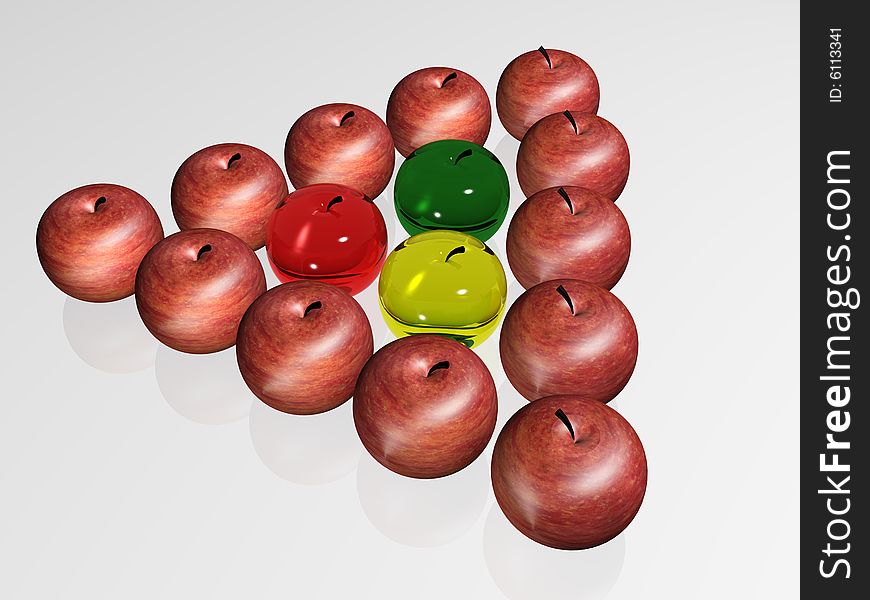 Triangles of apples. 3d render.