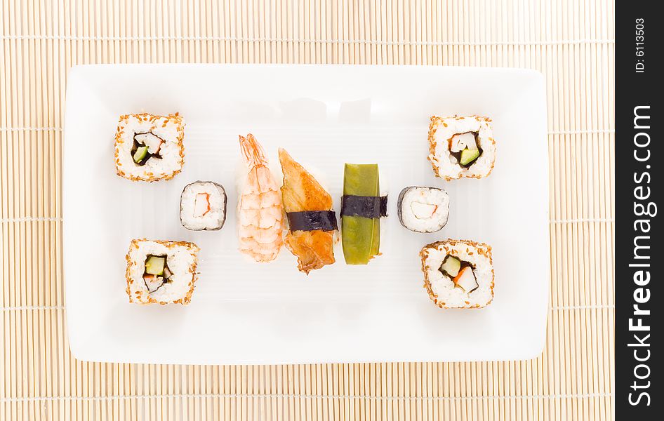 A plate with different kinds of sushi