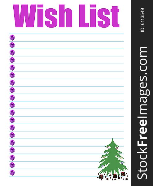 A wish list decorated with presents and a christmas tree. A wish list decorated with presents and a christmas tree