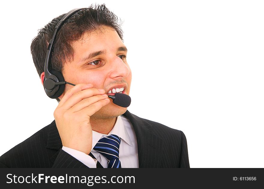 Customer service representative talking to cutomer on headphone. isolated on white background. Customer service representative talking to cutomer on headphone. isolated on white background