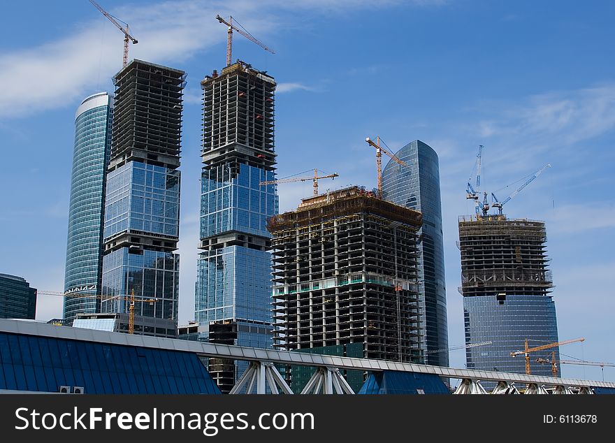 Skyscrapers of the Moscow City complex in construction phase. Skyscrapers of the Moscow City complex in construction phase