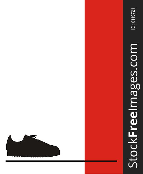 Black gym shoes on a white background. Under gym shoes a black horizontal line. Near to a line a red rectangular. Black gym shoes on a white background. Under gym shoes a black horizontal line. Near to a line a red rectangular.