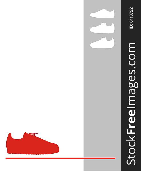 Red gym shoes on a white background. Under gym shoes a red horizontal line. Near to a line a grey rectangular with white gym shoes. Red gym shoes on a white background. Under gym shoes a red horizontal line. Near to a line a grey rectangular with white gym shoes.