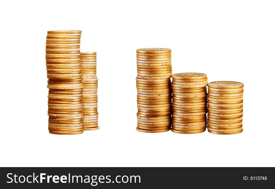 Money, gold coins isolated on white background. Money, gold coins isolated on white background.