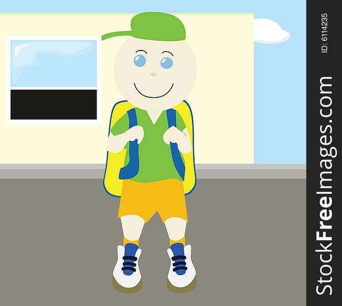 Cartoon illustration of school boy with backpack in front of school. Cartoon illustration of school boy with backpack in front of school
