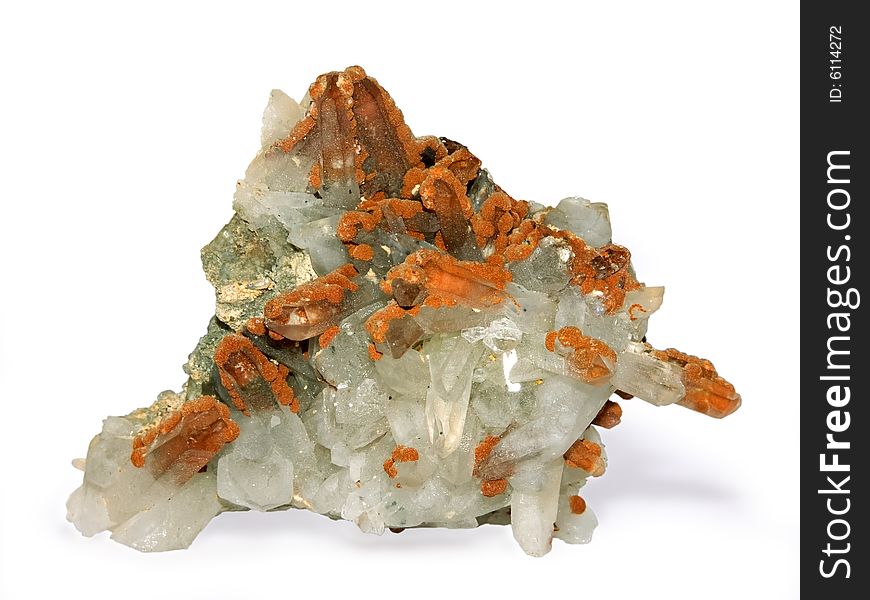 Crystals of a kaltsit and quartz on a white background