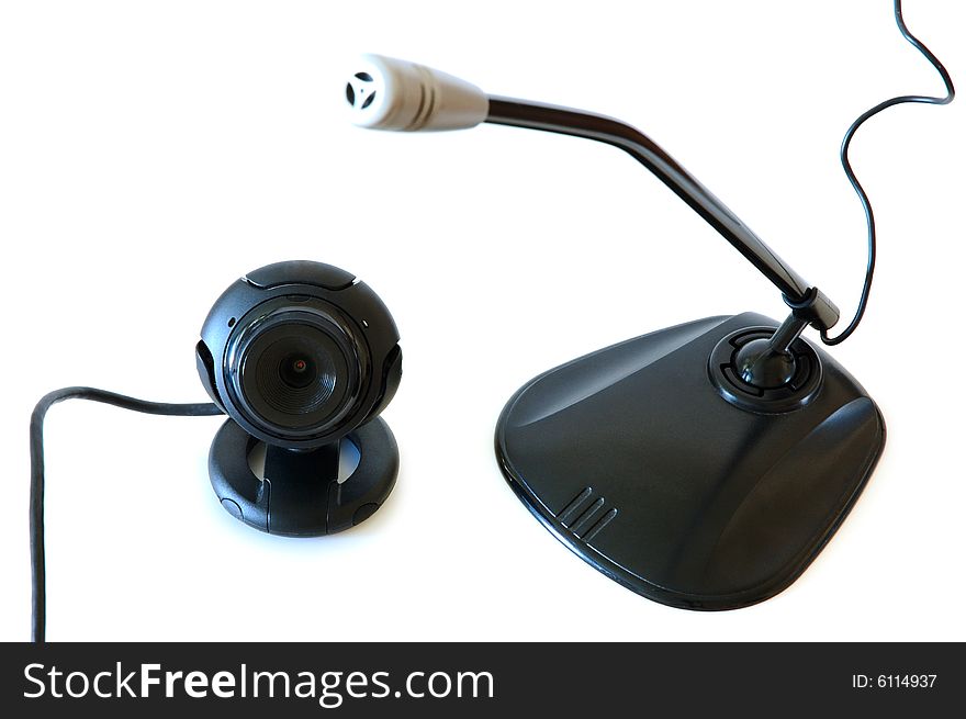 Webcamera and computer microphone. Black coloured. On isolated background.