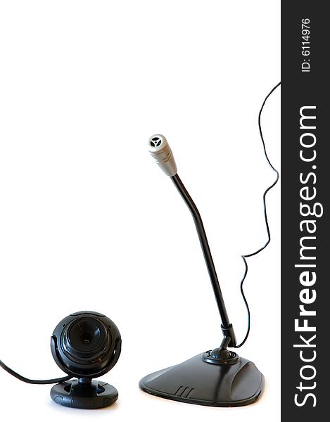 Webcamera and computer microphone. Black coloured. On isolated background.