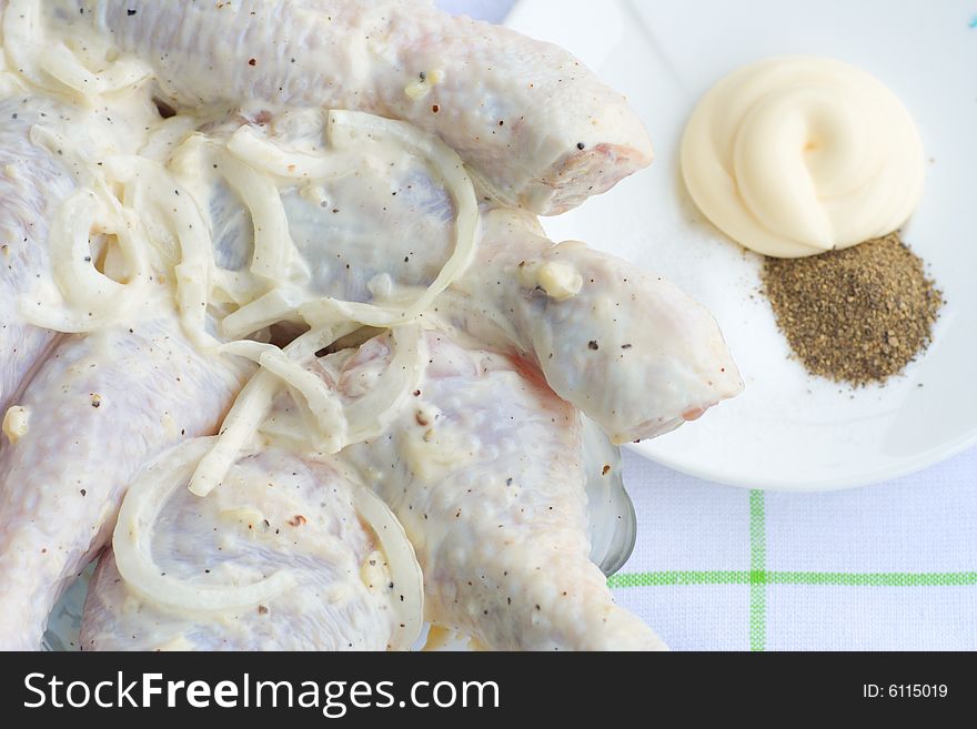 Raw chicken, pickled onions and mayonnaise, salt and pepper (series, recipe � 1). Raw chicken, pickled onions and mayonnaise, salt and pepper (series, recipe � 1)