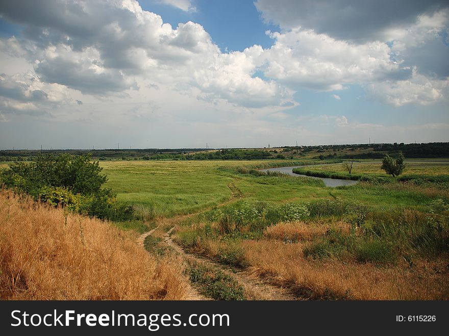 Road to the river in steppe