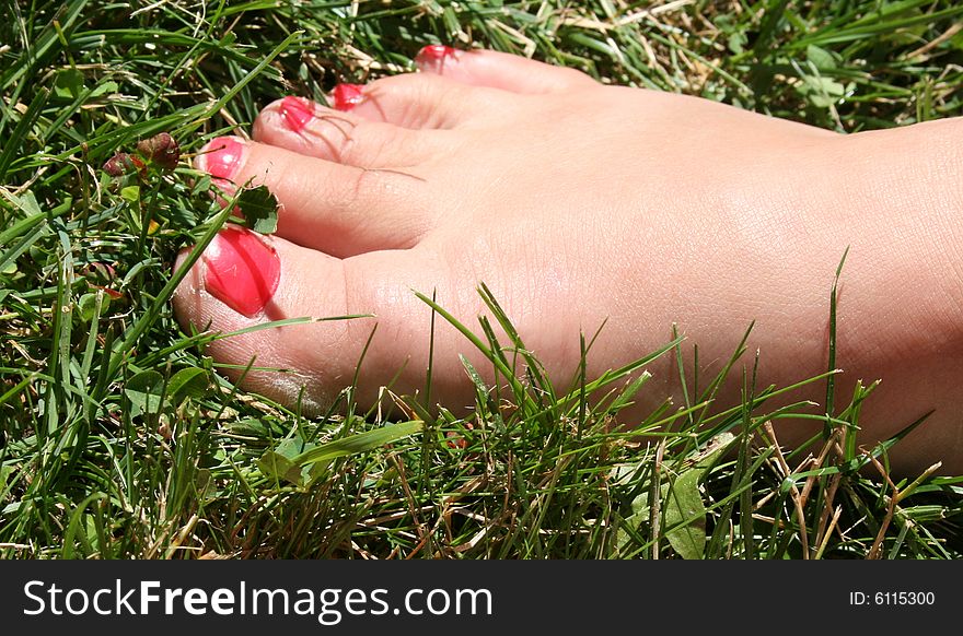 A woman's foot in the grass