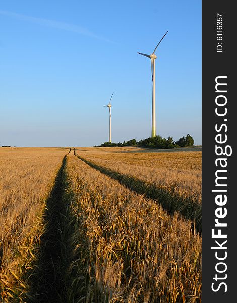 Power generating wind turbines on cultivated wheat field and rural road, Poland. Alternative energy source. Power generating wind turbines on cultivated wheat field and rural road, Poland. Alternative energy source.