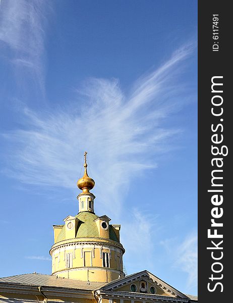 Old Belief Russian church with scenic sky background
