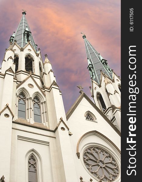 Cathedral with dramatic red and purple sunset sky. Cathedral with dramatic red and purple sunset sky