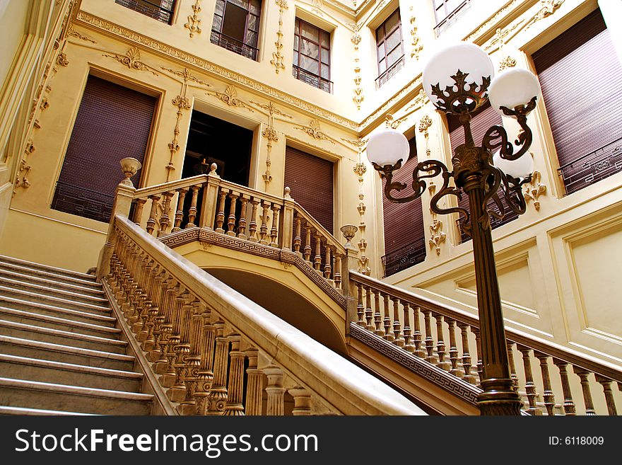 Entrance of decorated building with stairs. Entrance of decorated building with stairs