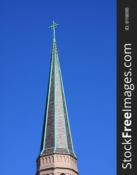 Church steeple with a blue sky background. Church steeple with a blue sky background.