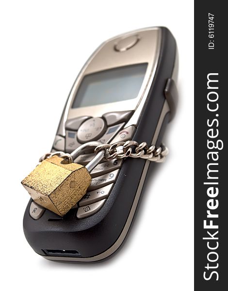 Blocked mobile phone with a chain and lock. Blocked mobile phone with a chain and lock