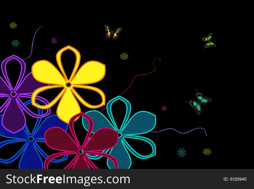 Flowers in different colors with butterflies. Flowers in different colors with butterflies