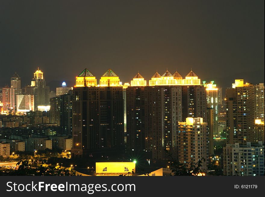 Chinese residential area by night. Shenzhen city, Guangdong province.