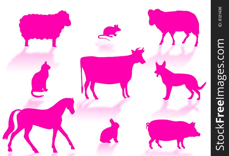Farm animals silhouettes with shadows on a white background
