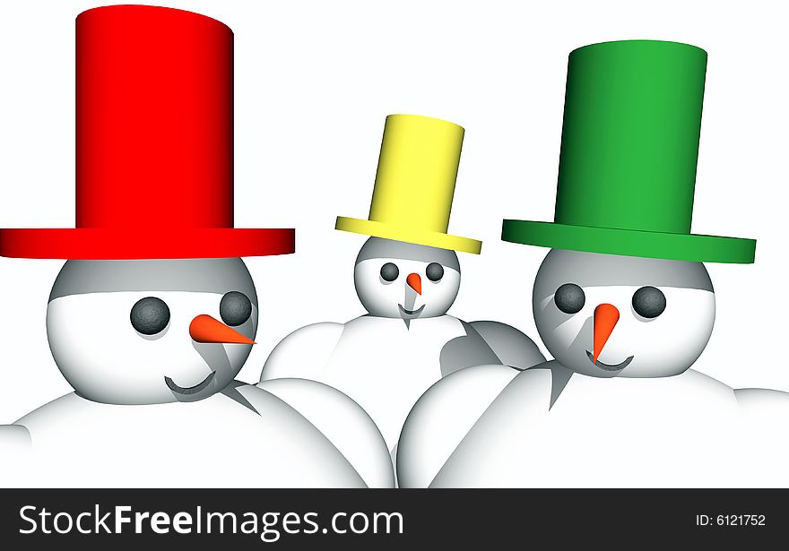 Snowmen with color hats isolated over white background