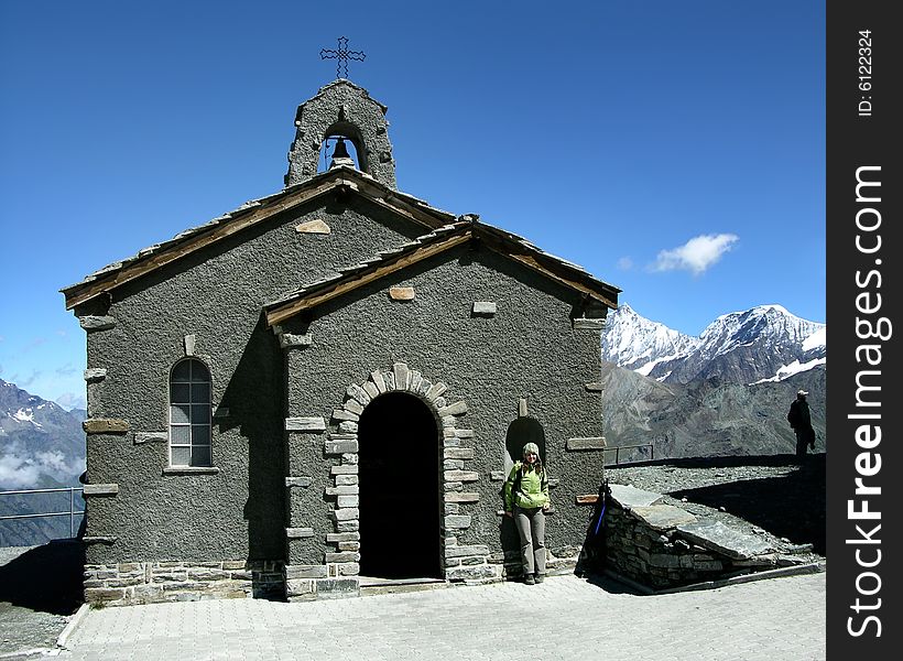 An alpine church at Gornergrat Observatory above Zermatt in Switzerland (3090 m altitude). An alpine church at Gornergrat Observatory above Zermatt in Switzerland (3090 m altitude).
