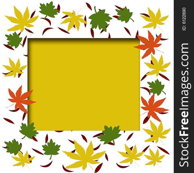 Colorful autumn leaves frame gold cutout center. Colorful autumn leaves frame gold cutout center