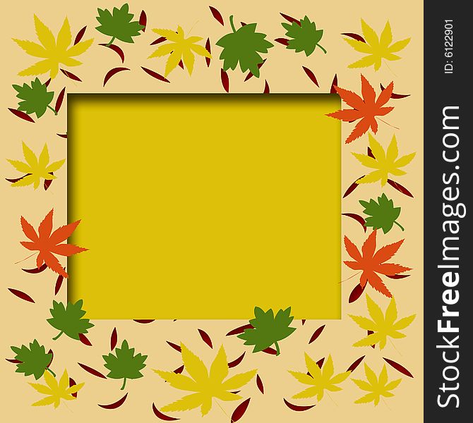 Colorful autumn leaves frame gold cutout center. Colorful autumn leaves frame gold cutout center