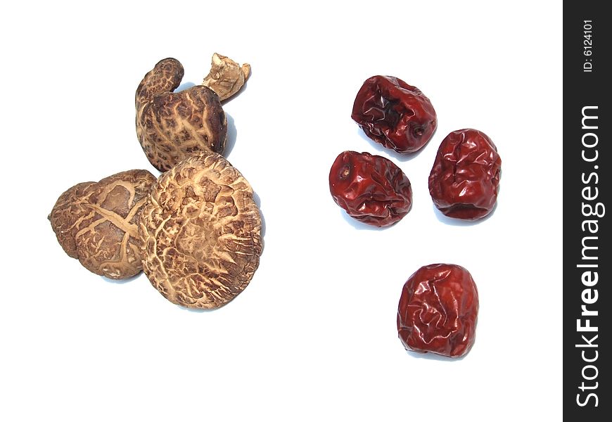 Dried mushroom and jujube with white background