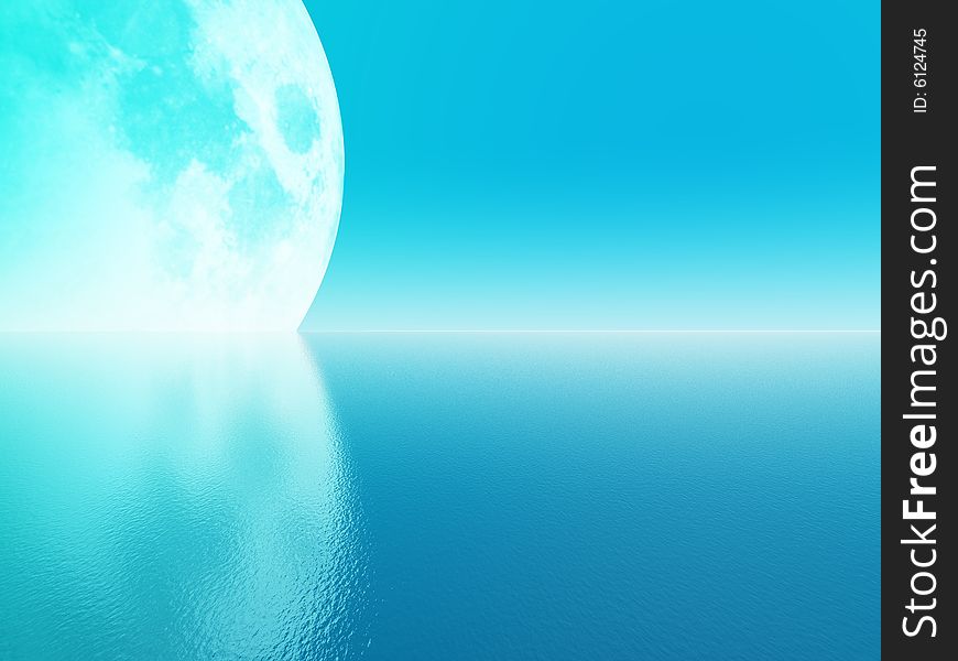 Great cyan moon on waterplane