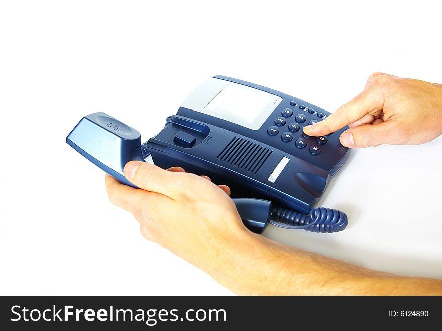 Finger with blue telephone keypad