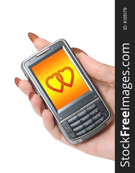 Female hand hold communicator with hearts at screen. Female hand hold communicator with hearts at screen.