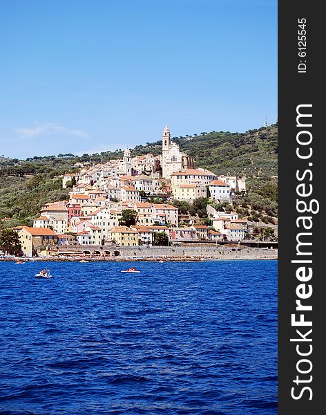 View of Cervo, medieval village in Liguria, Italy from the sea.