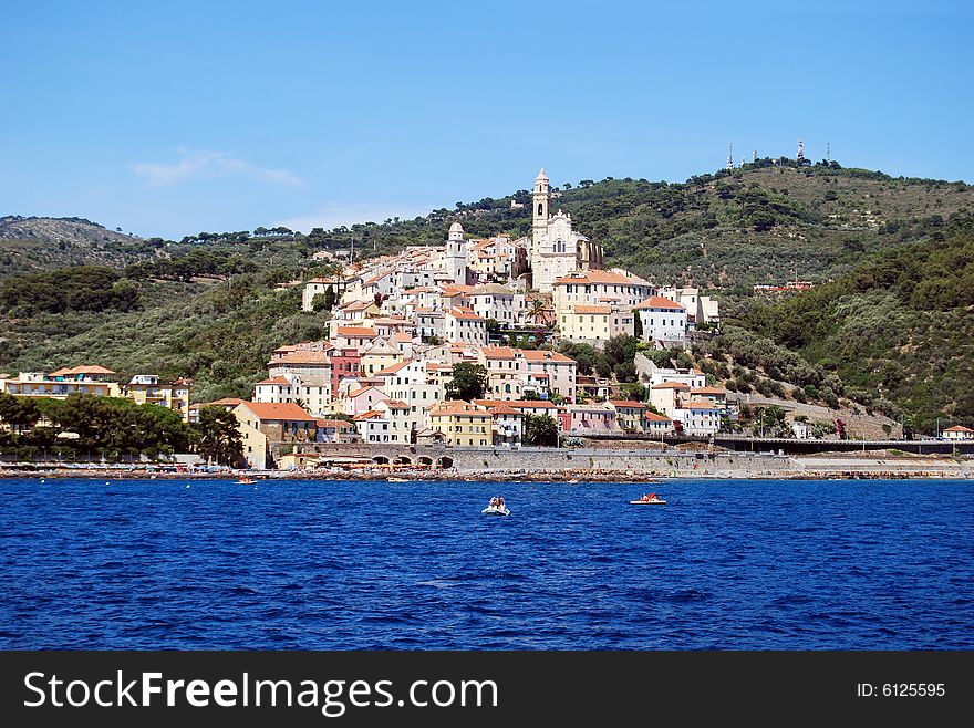 View of Cervo, medieval village in Liguria, Italy from the sea.