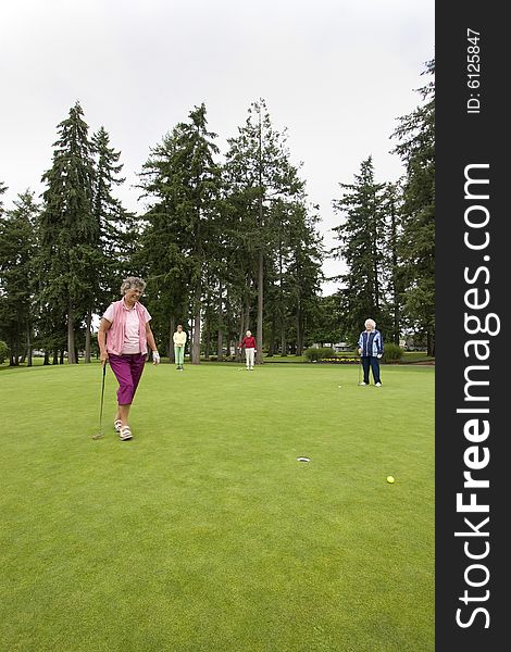 Elderly woman going after her golf ball on the golf course as her three friends watch. Vertically framed photo. Elderly woman going after her golf ball on the golf course as her three friends watch. Vertically framed photo.