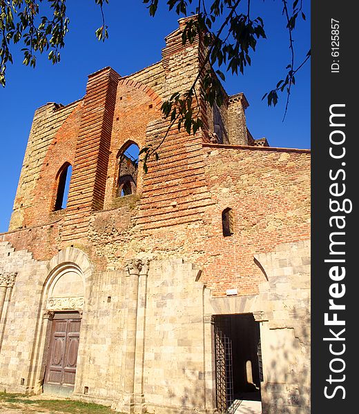 The facade of the uncover abbey of San Galgano in Tuscany. The facade of the uncover abbey of San Galgano in Tuscany
